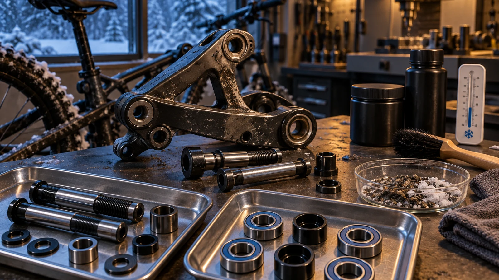 Concept winter exposure review with detached pivot hardware, bearings, inactive temperature tool, closed lubricant containers and separate road-grit sample on a workbench; no measured cold test or maintenance procedure shown.