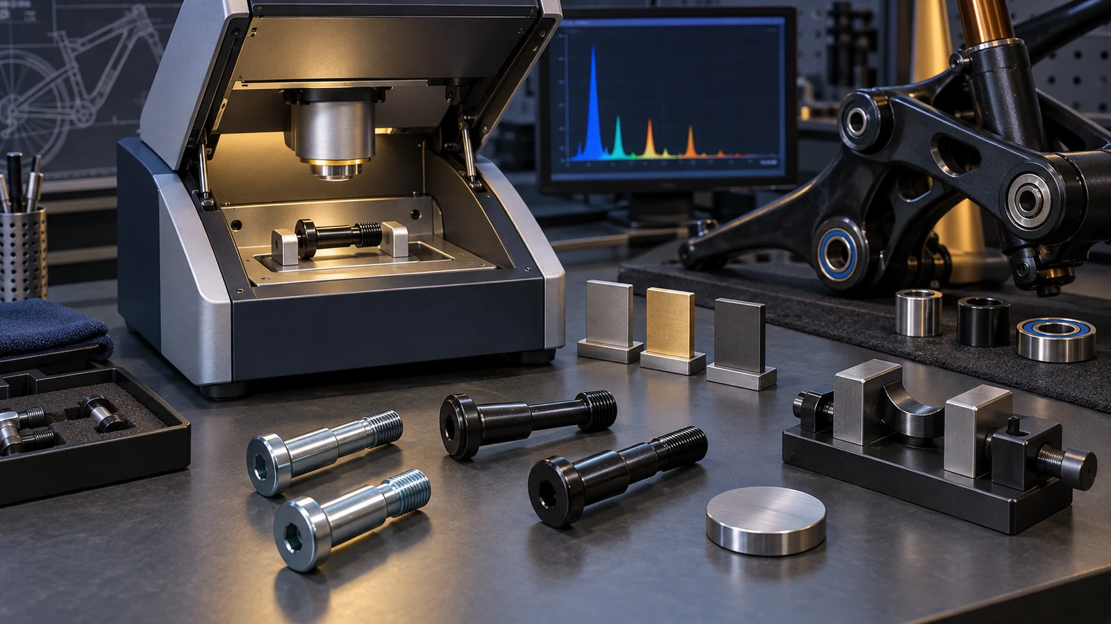 Concept illustration of XRF inspection of a curved pivot bolt with reference coupons and bearing components, not actual factory equipment or results