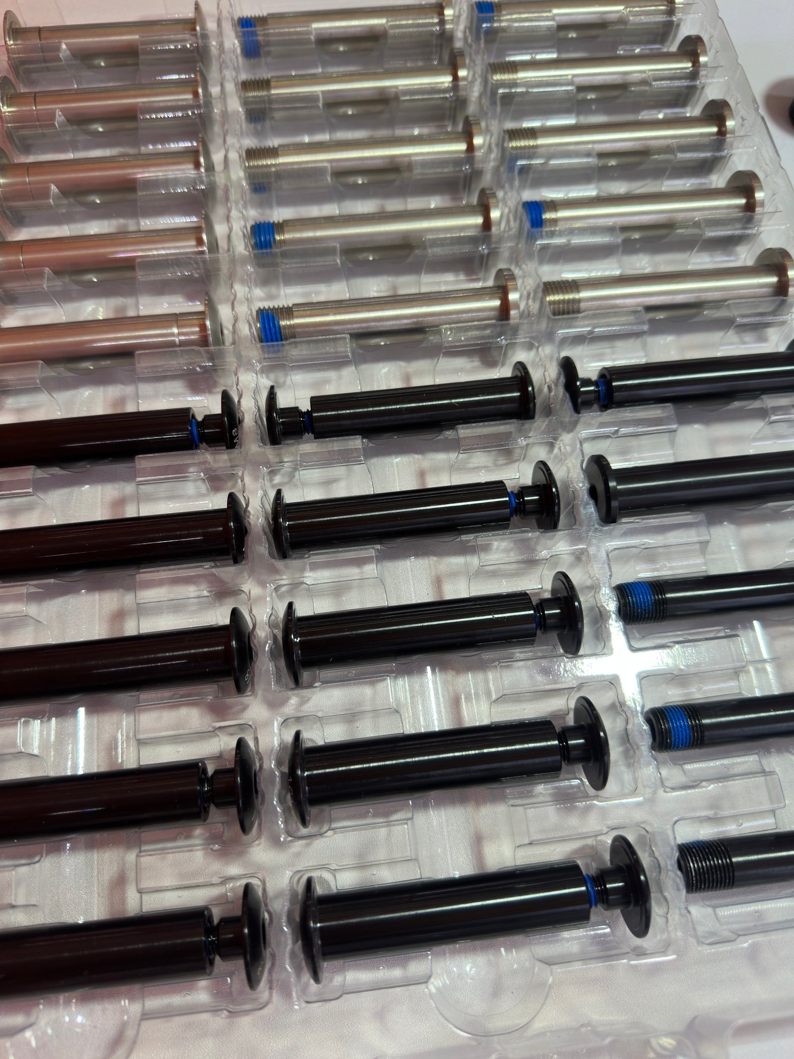 Finished bicycle fasteners in blister packaging ready for shipment