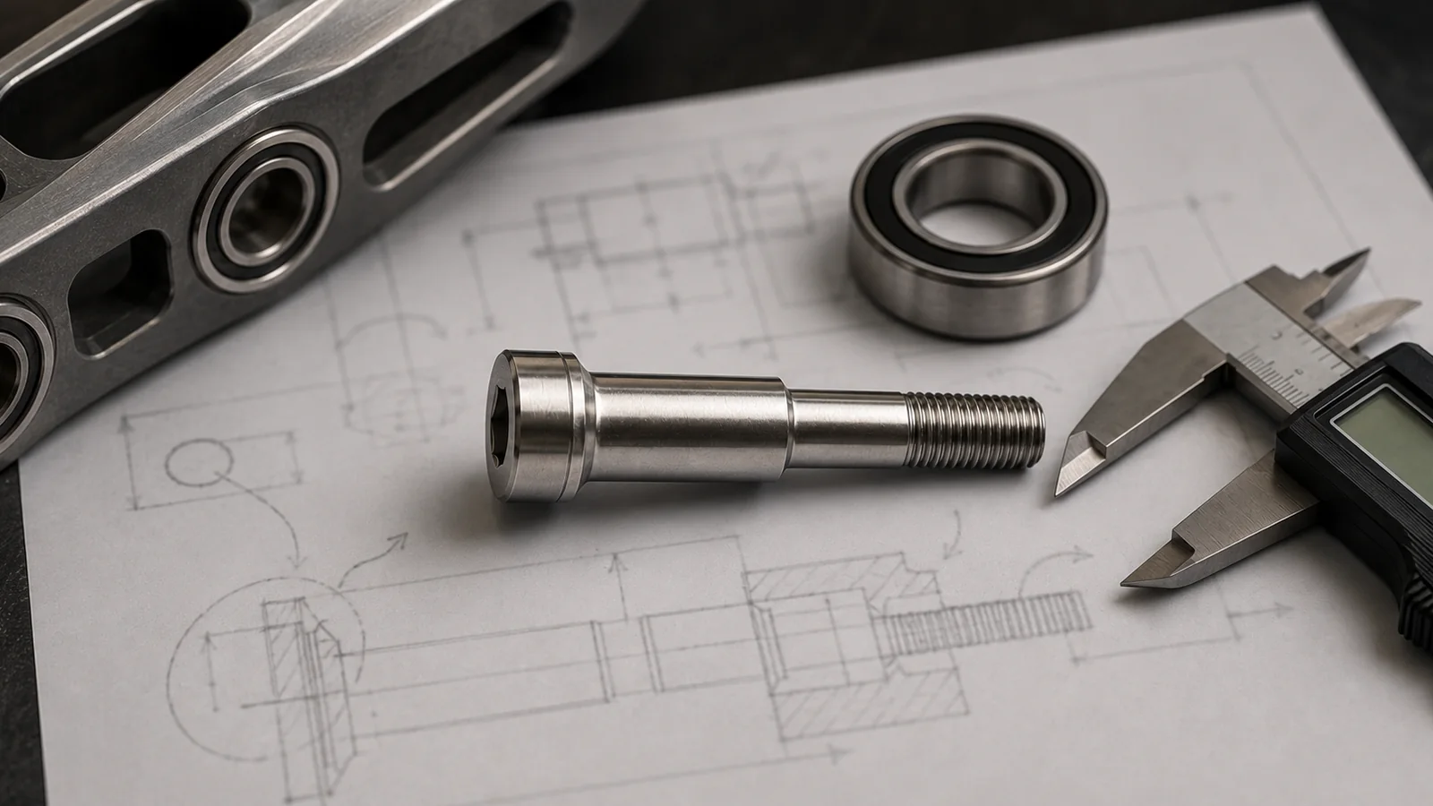 Custom bicycle fastener drawing review with a shoulder bolt, bearing, and digital caliper