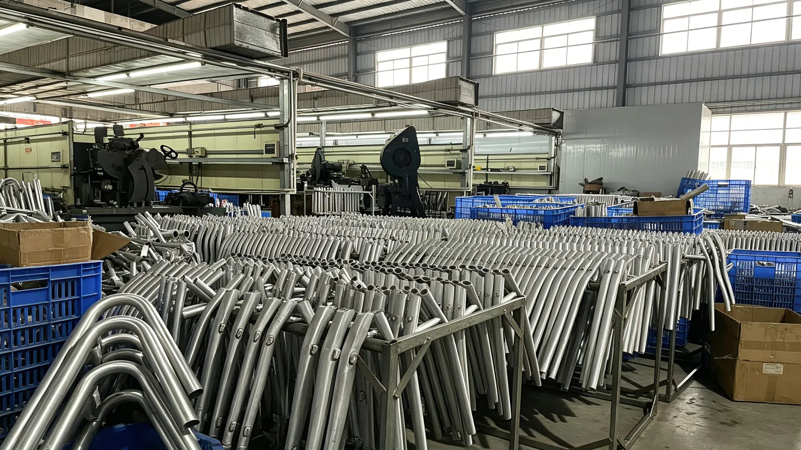 Bicycle frame production line with organized aluminum frame sections