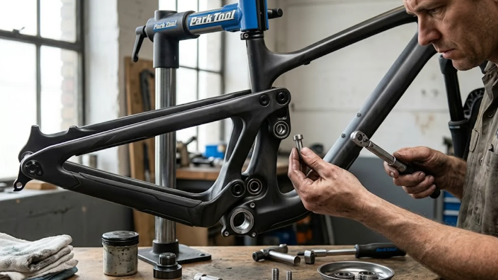 Technician checking a full-suspension frame fastener with a controlled hand tool