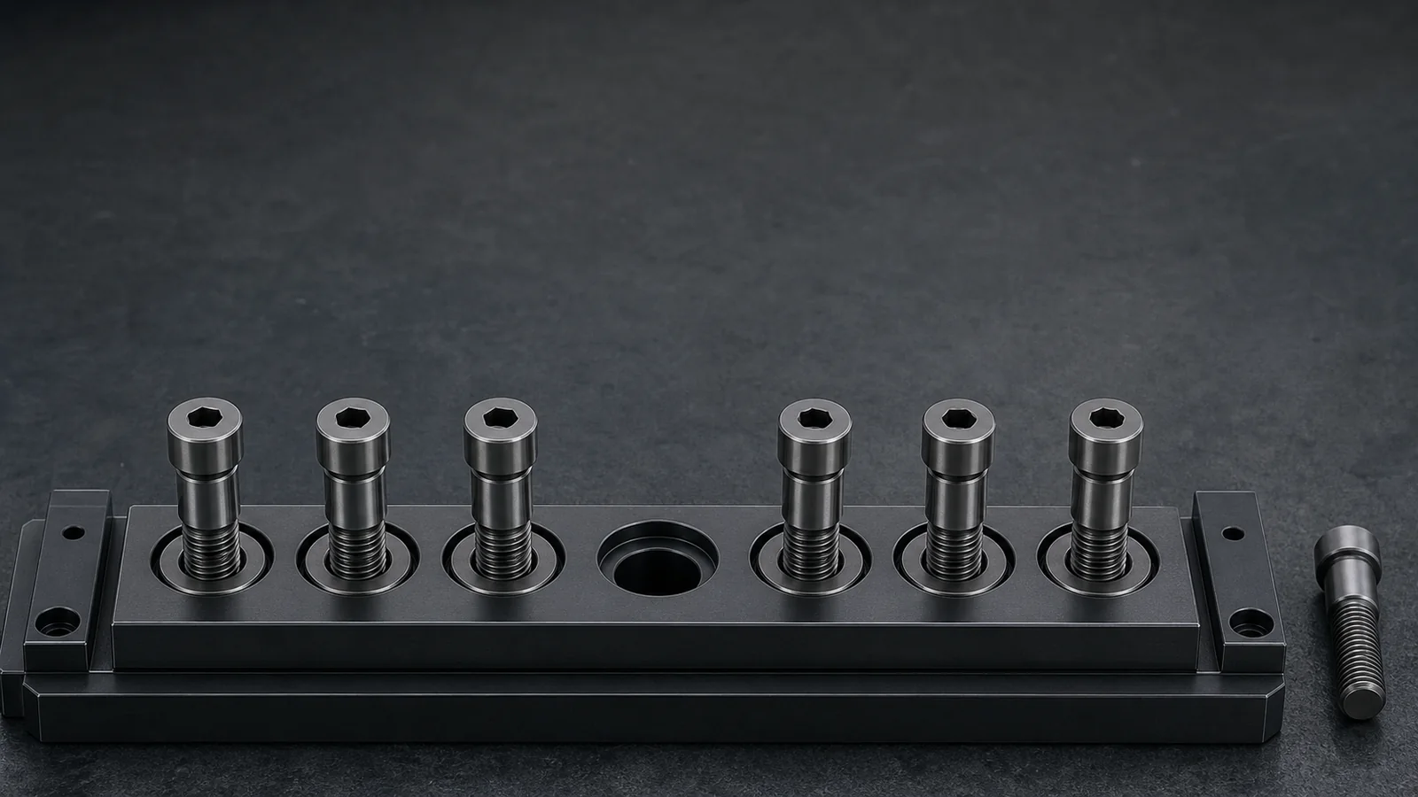 Precision fastener fixture with one deliberately empty locator position
