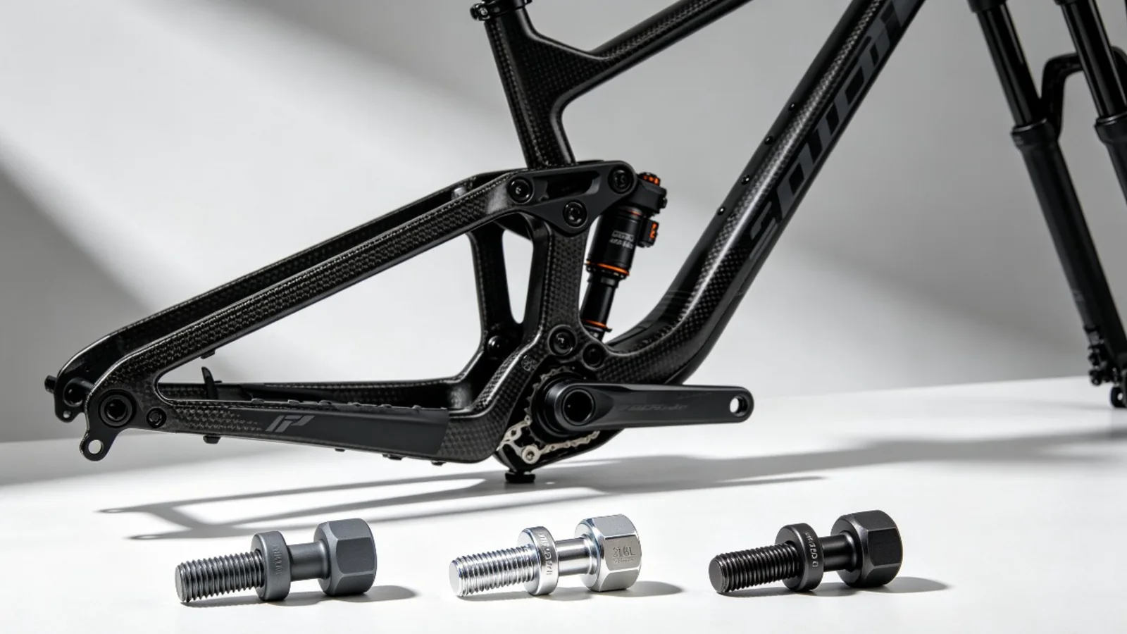 Full-suspension mountain bike frame with precision pivot bolts and linkage hardware