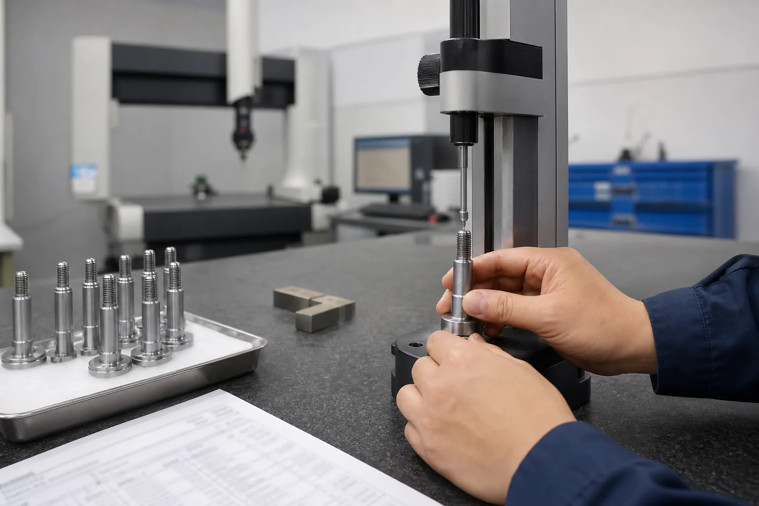 First article inspection of a custom bicycle fastener sample in a metrology room