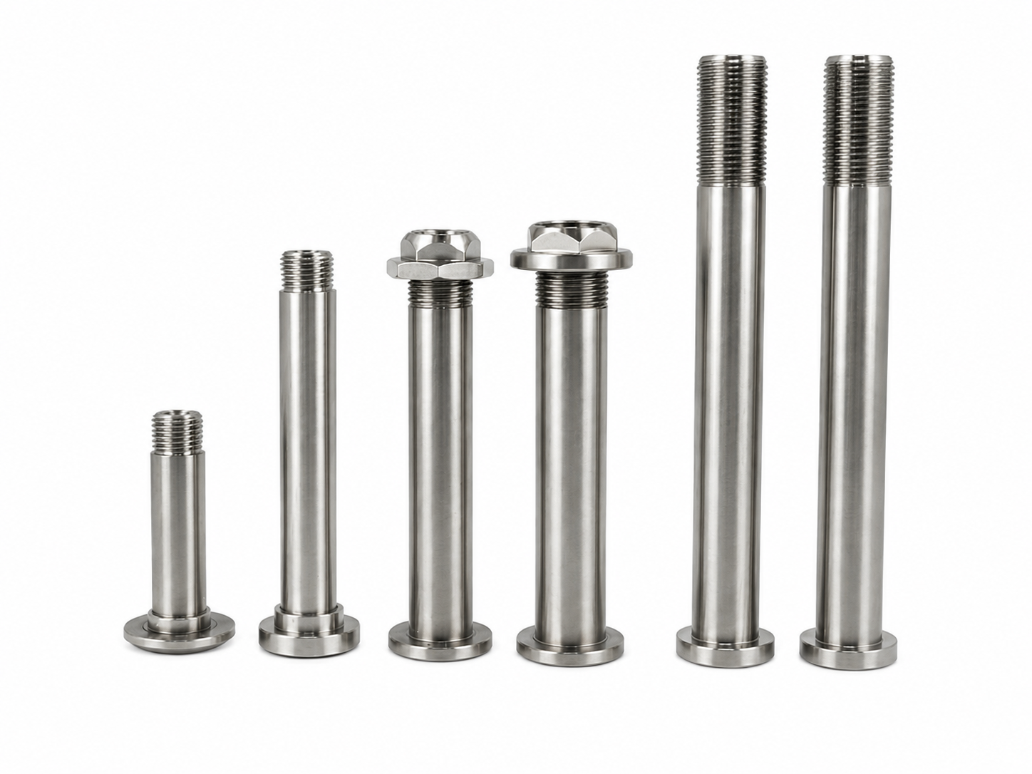 CNC-machined pivot bolt with stepped shoulder