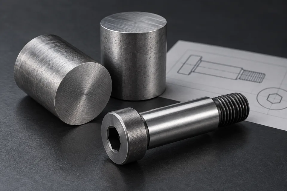 AI concept illustration of steel stock and an unmarked shoulder bolt beside a drawing outline