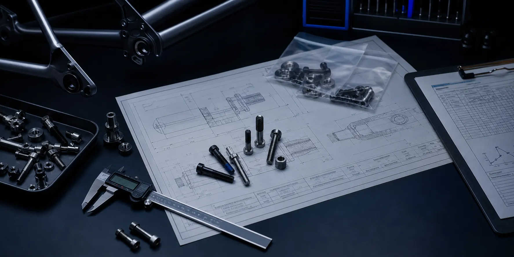 Bicycle frame hardware samples, engineering drawings, caliper, and QC documents on a technical workbench