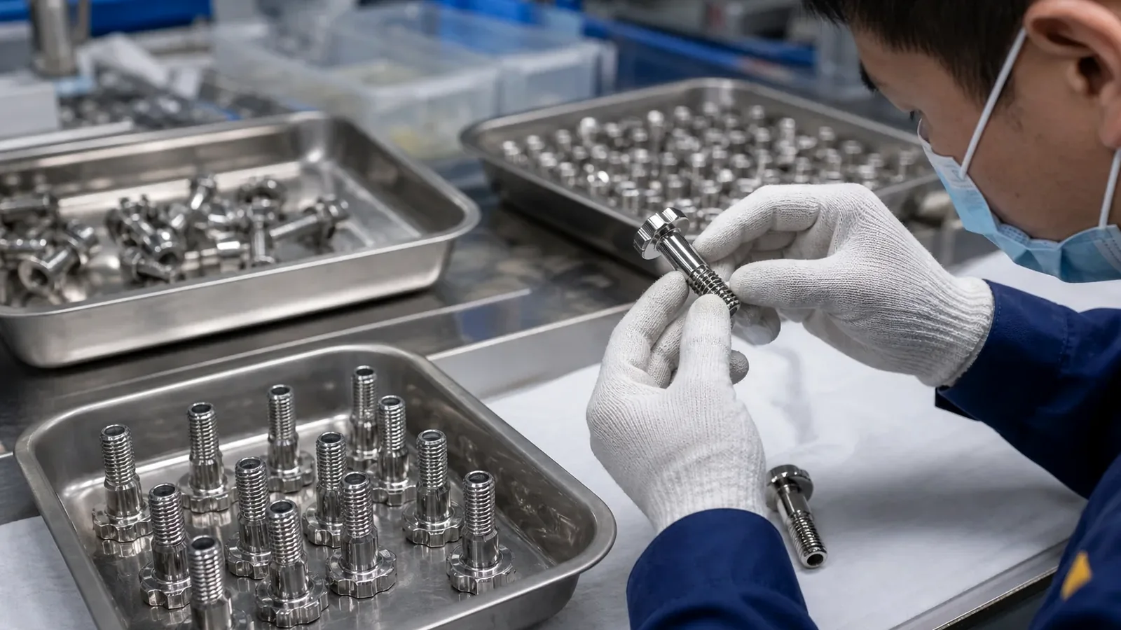 Finished stainless bicycle fasteners undergoing visual inspection