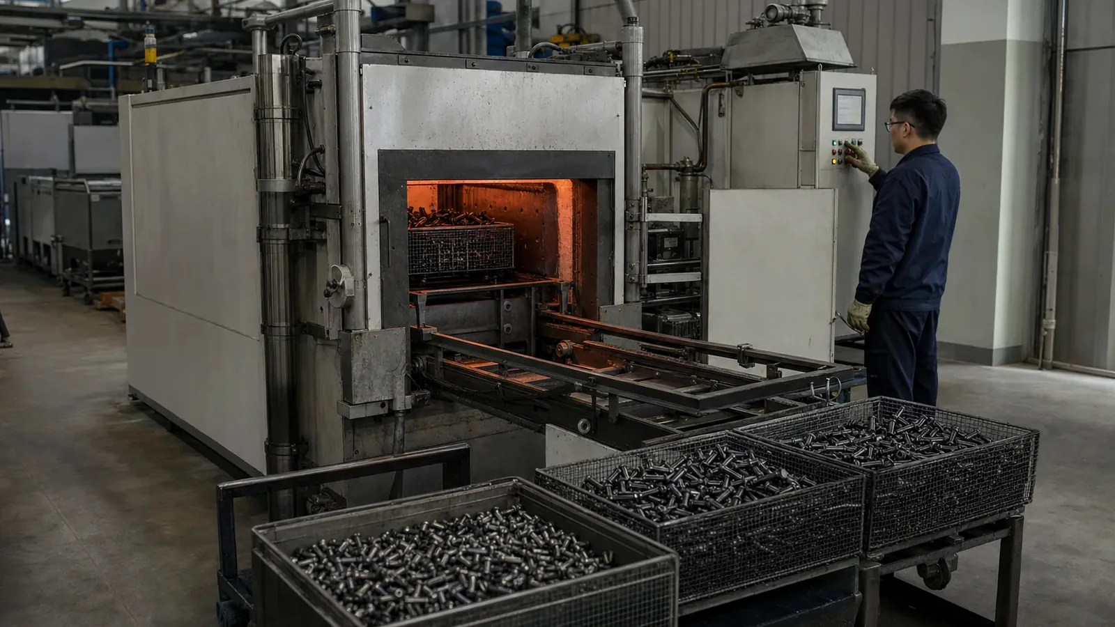 Steel fasteners entering a controlled heat-treatment furnace