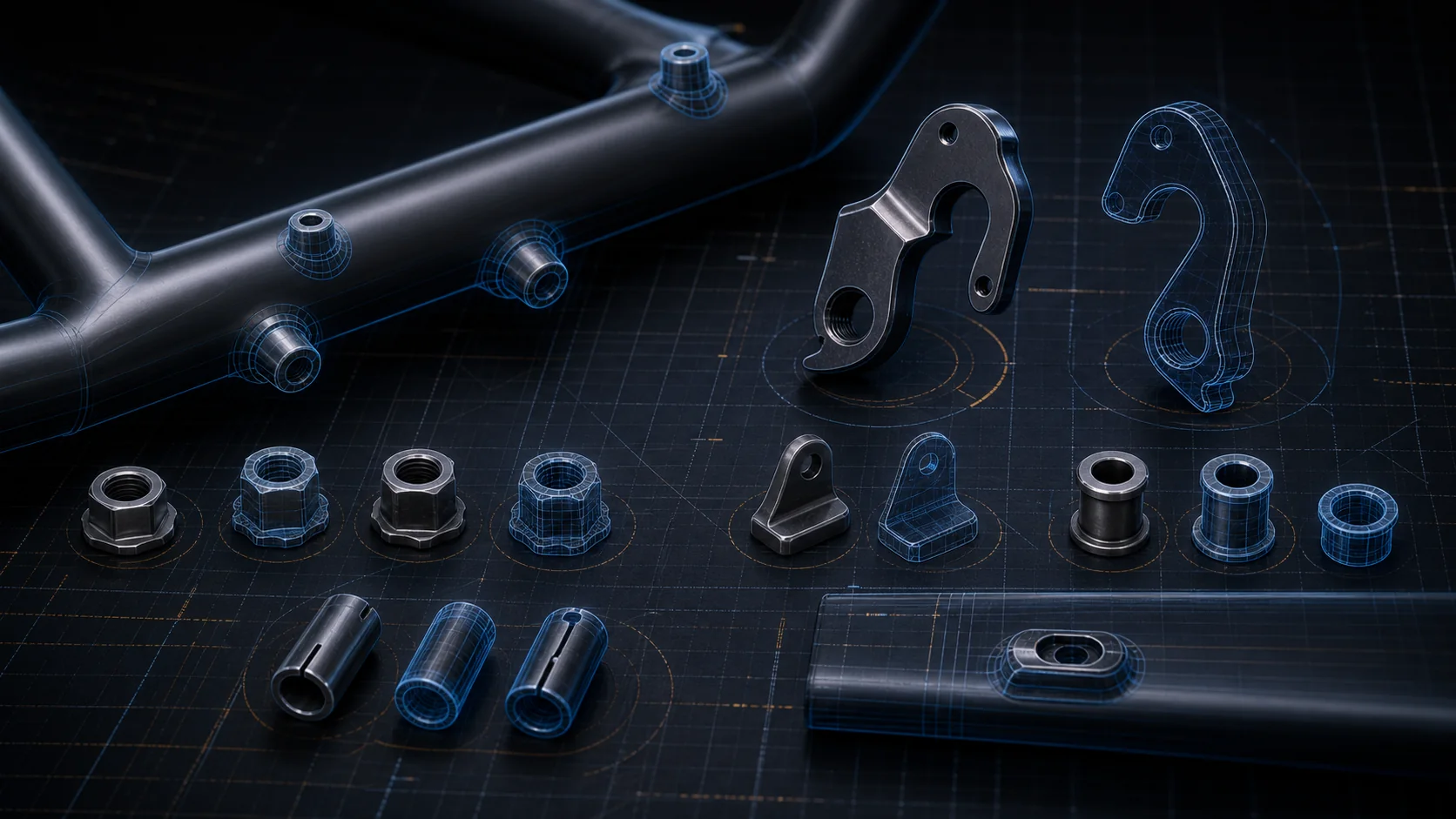 CAD engineering reference visual for bicycle frame inserts and hardware interfaces