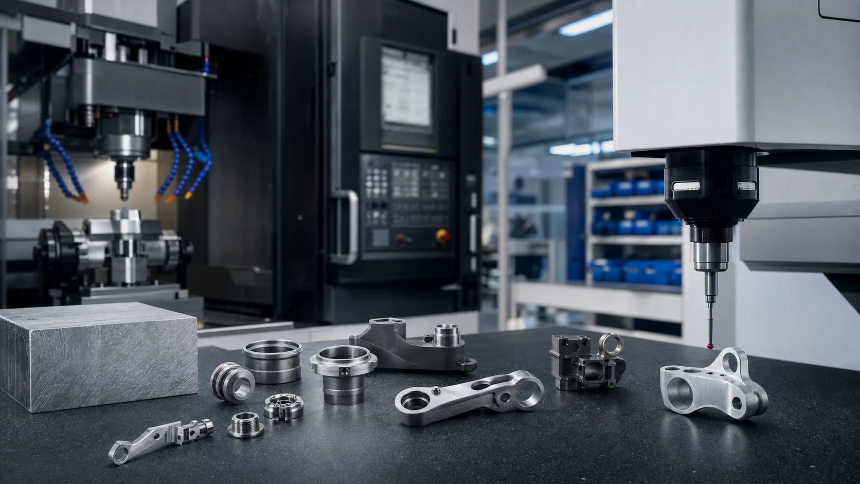 CNC machining and CMM inspection scene for small precision metal components
