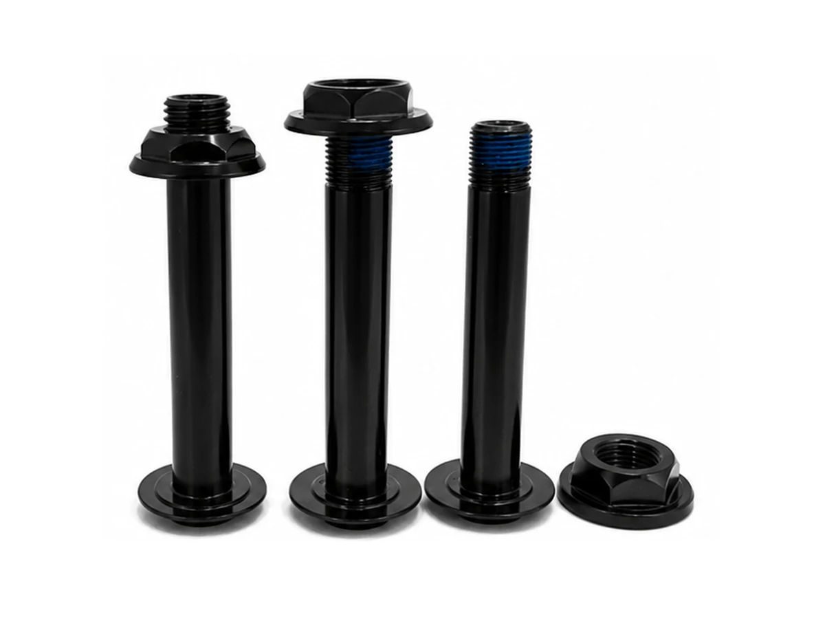 Black finished pivot axle and flanged nut set with thread-locking compound