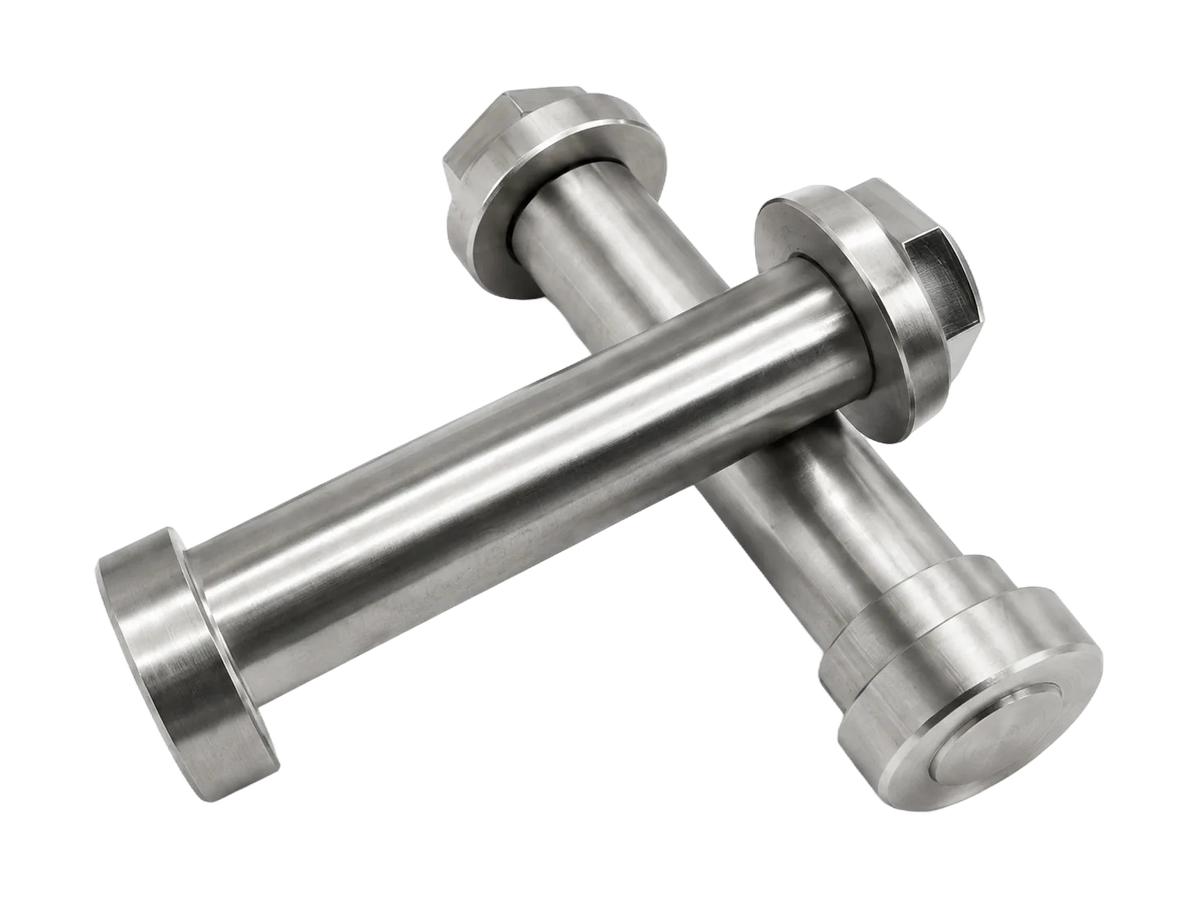 Two precision-machined flanged pivot axles with hex drive heads
