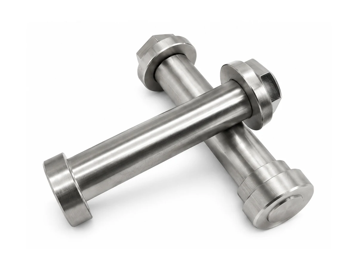 Two precision-machined flanged pivot axles with hex drive heads
