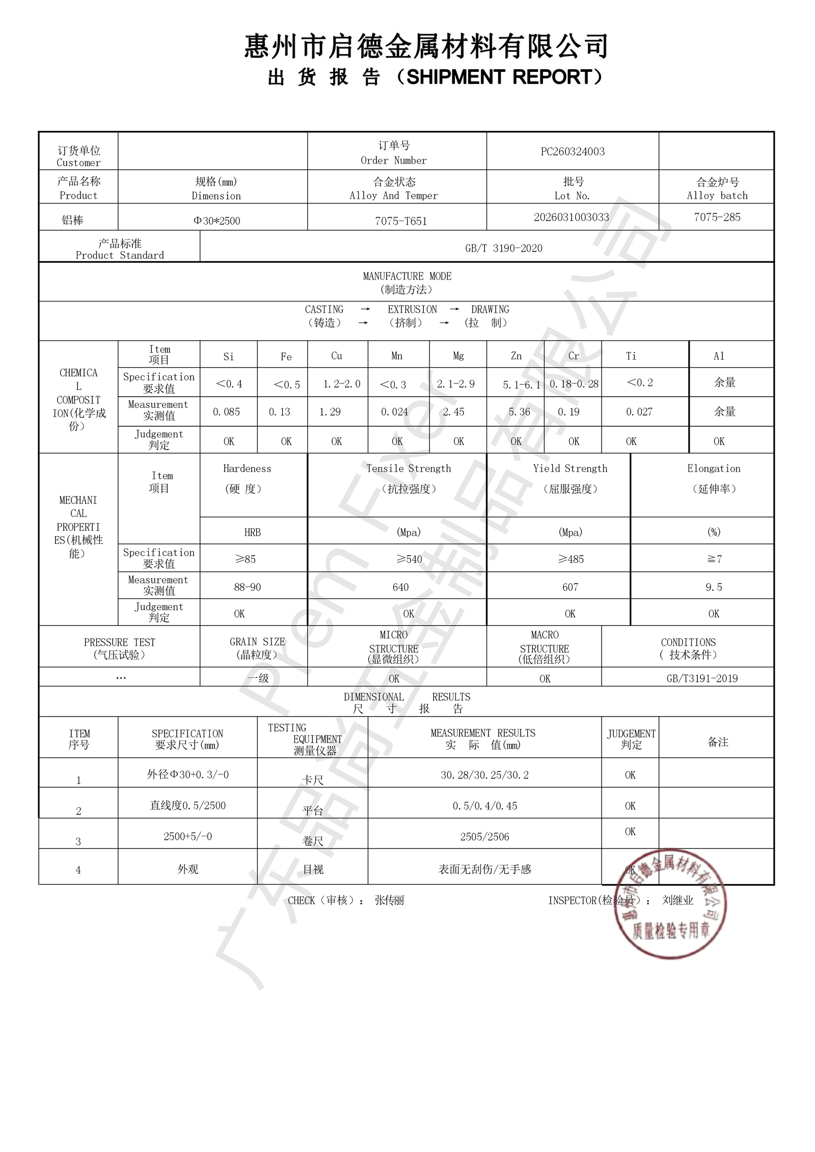 7075-T651 aluminum rod dimension and material test report