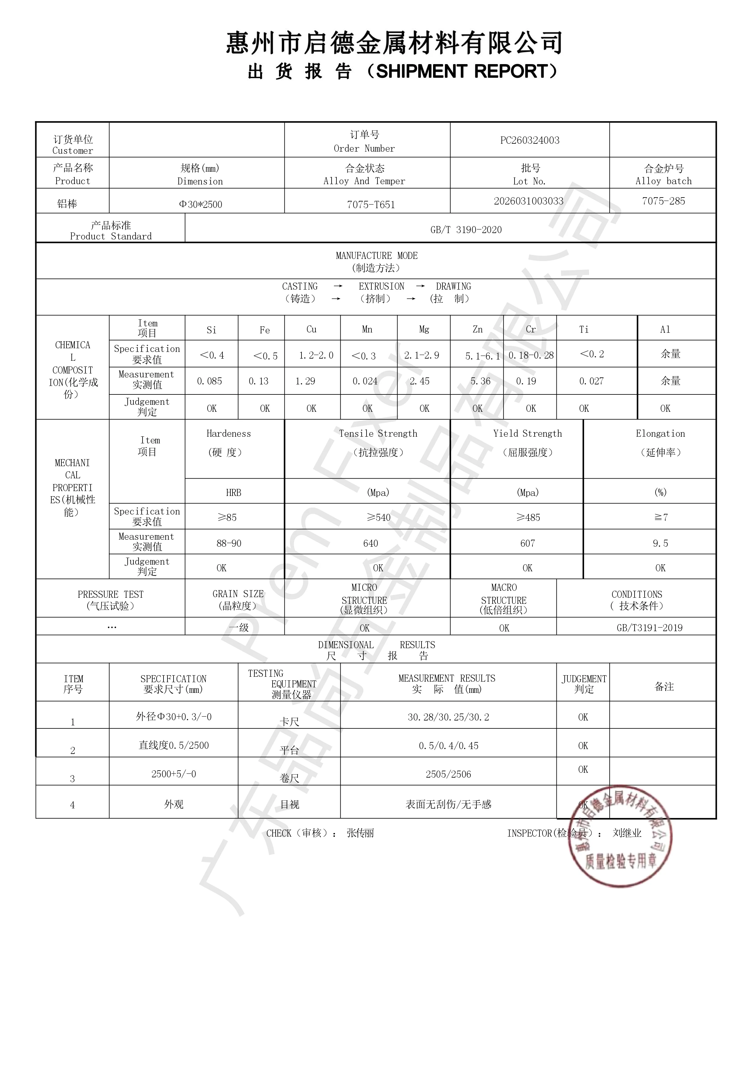 7075-T651 aluminum rod dimension and material test report