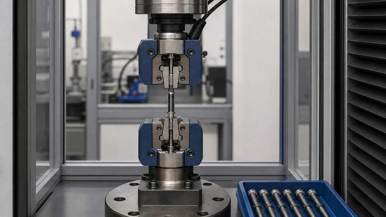 Threaded specimen aligned in a guarded cyclic fatigue test fixture