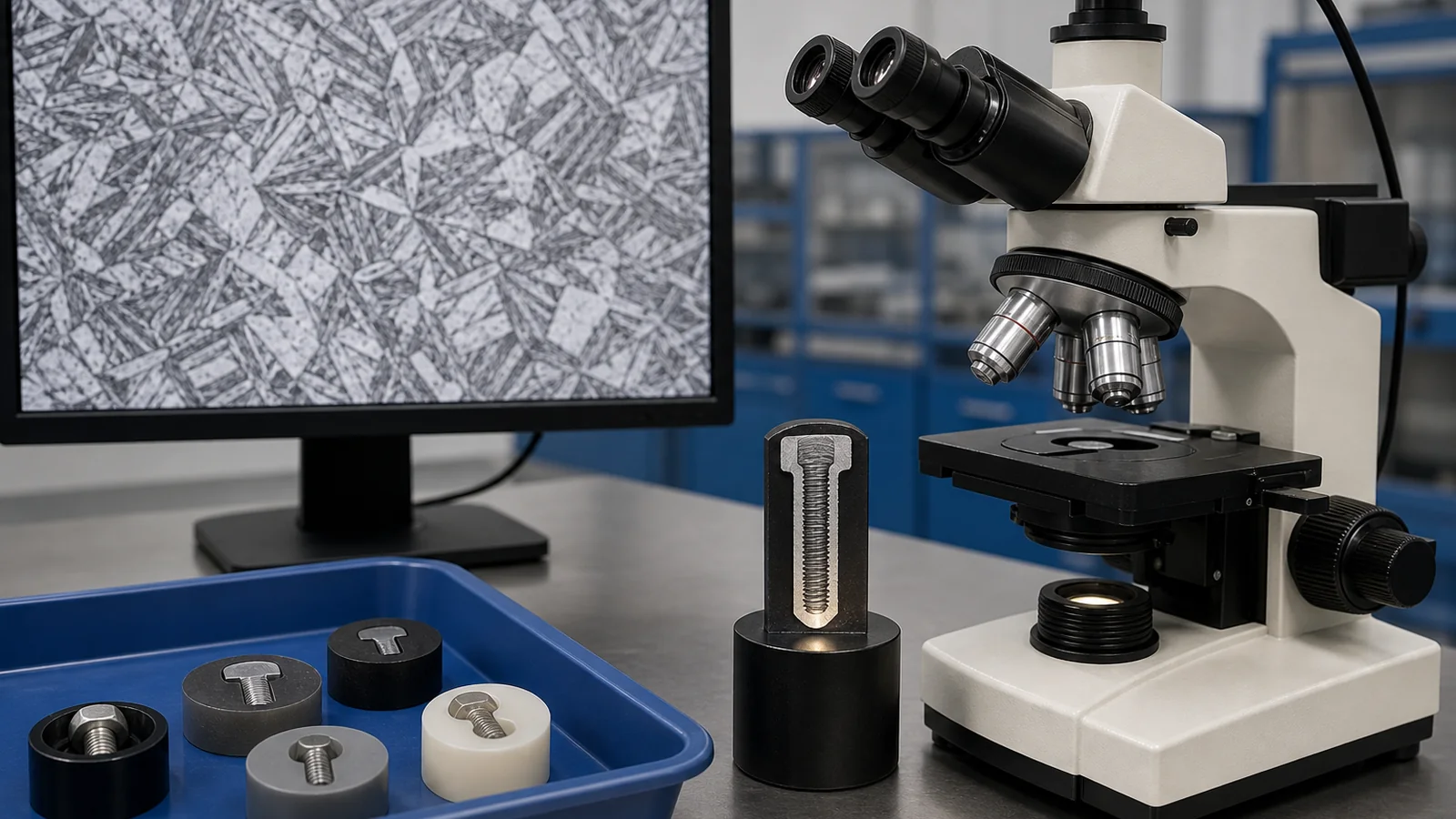Mounted fastener cross-sections examined with a metallurgical microscope