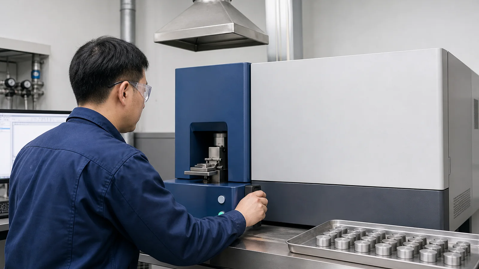 Prepared metal samples checked with an optical emission spectrometer