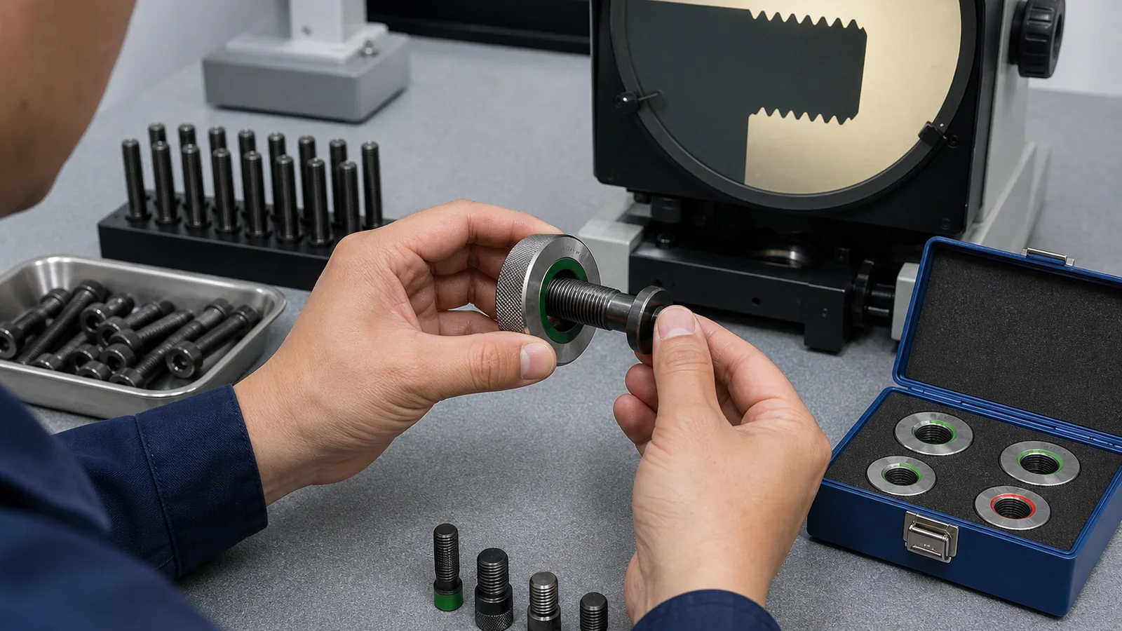 GO NO-GO thread ring gauge inspection beside a profile projector