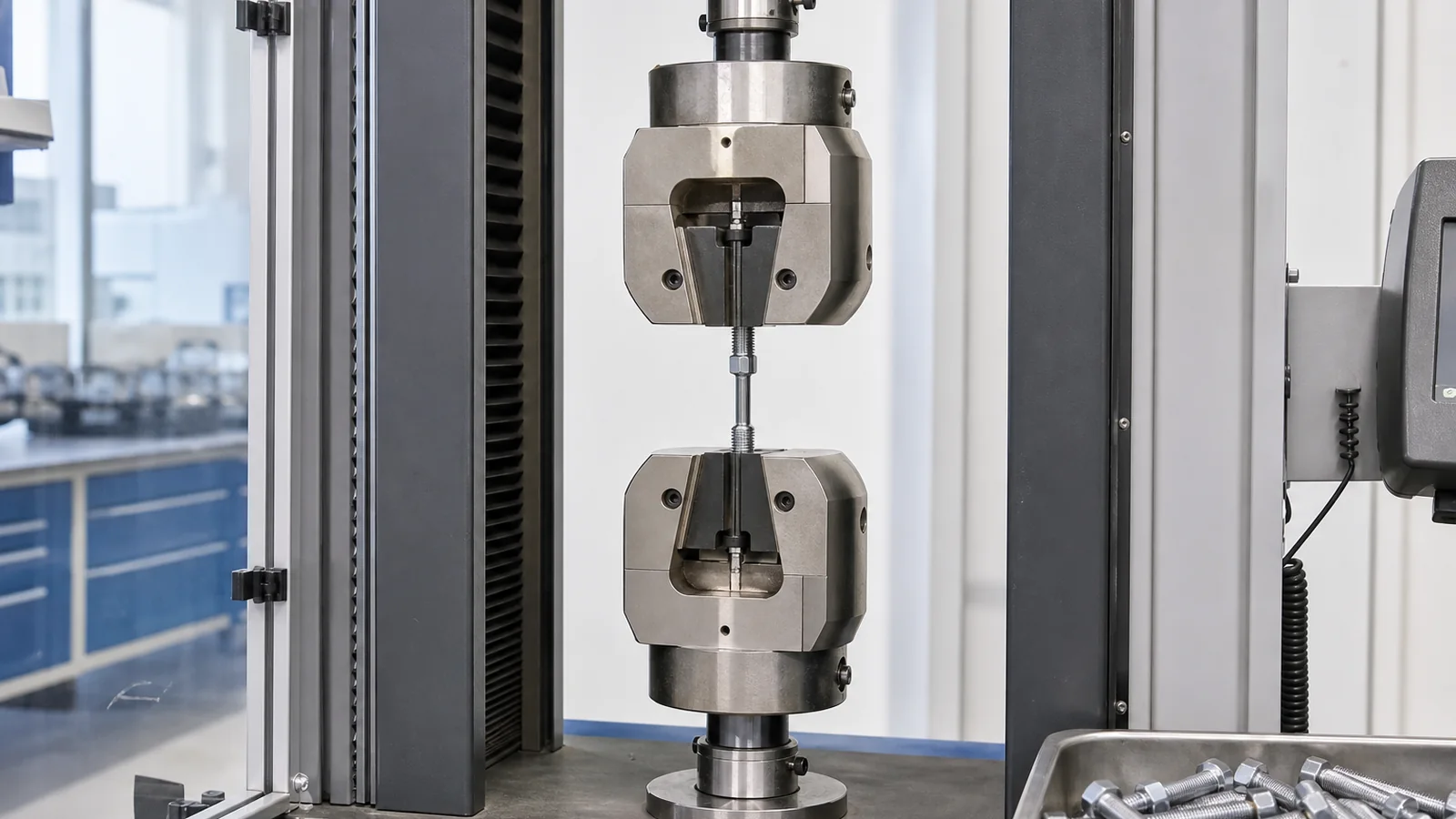 Threaded fastener mounted axially in a universal tensile test fixture