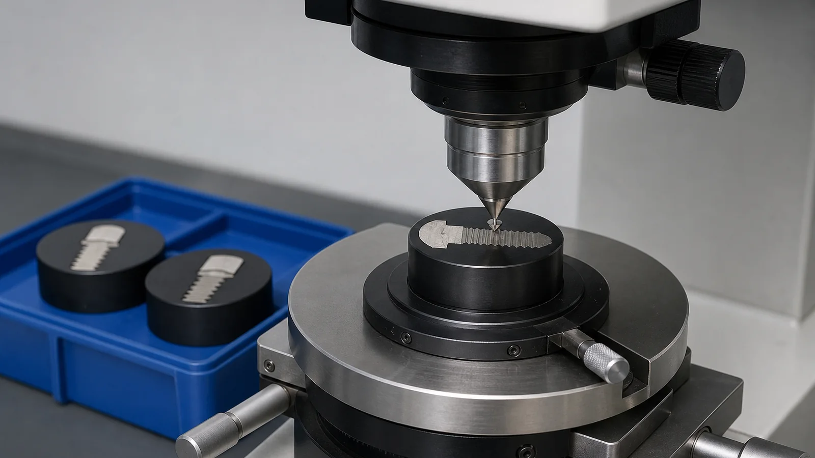 Polished fastener cross-section under a Vickers hardness tester