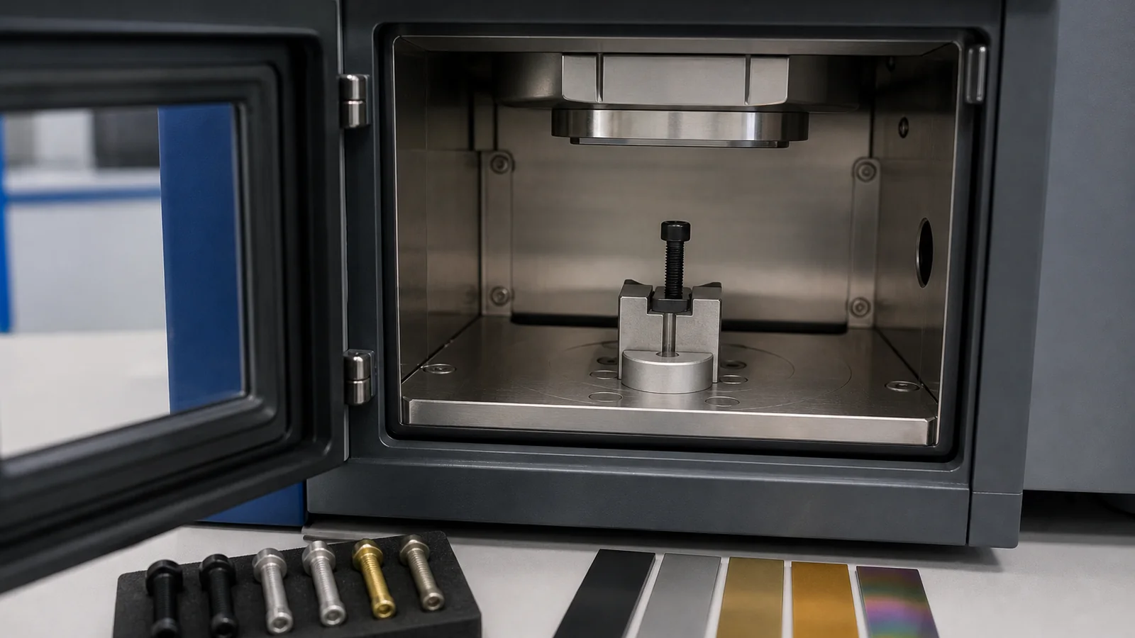 Coated bolt positioned in an XRF coating-thickness analyzer