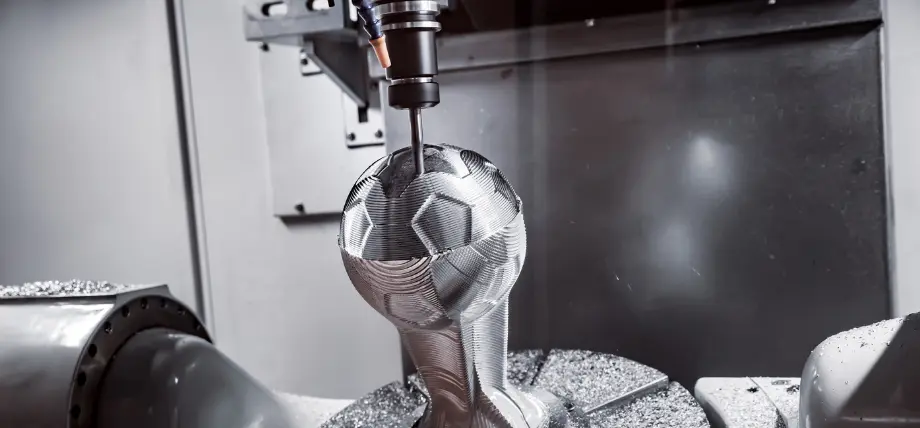 CNC tool actively machining a detailed soccer ball sculpture
