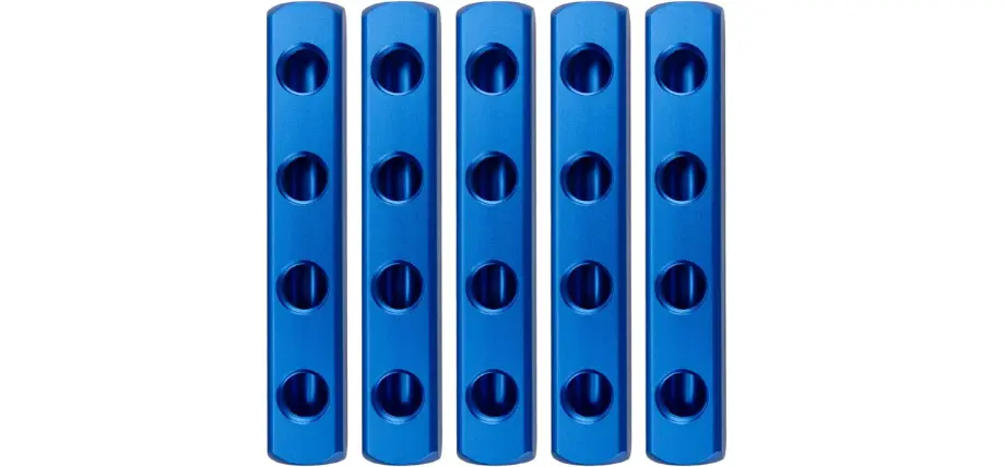 Five identical blue anodized aluminum manifold bars