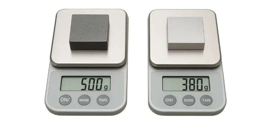 Two digital scales illustrating material density differences